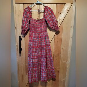 Hill House Nesli Nap Plaid Red Smocked Midi Dress